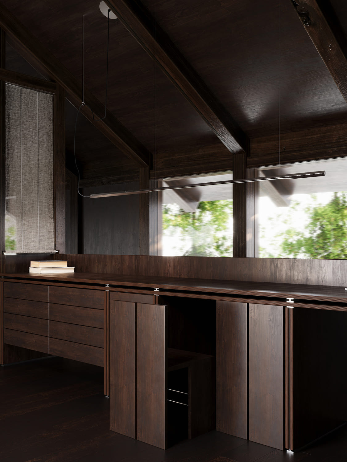 Modern interior featuring dark wood cabinetry with built-in drawers and open cabinets beneath a long countertop, illuminated by natural light from large windows reflecting greenery.
