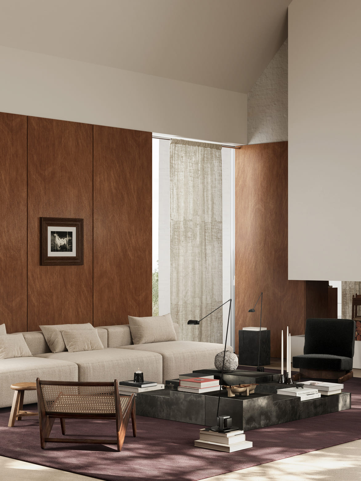 Modern living room with beige sectional sofa against wooden paneled wall featuring framed horse artwork, dark woven lounge chair, black chair, low dark square coffee table with books, candles, and lamps, on a purple rug with light streaming in through sheer window curtains.