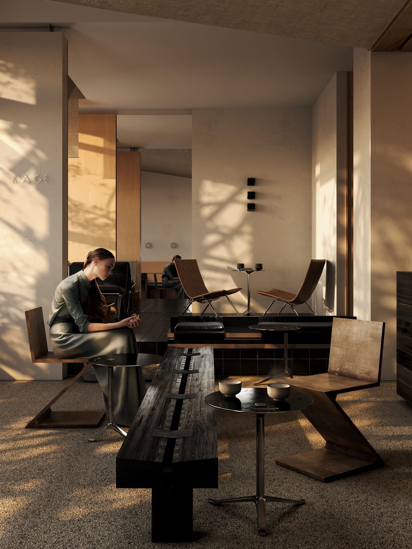 A woman in a long dress sits thoughtfully on a modern wooden chair at a small black round table with two cups, in a softly lit minimalist room with contemporary furniture including a wooden bench, two leather chairs around a small table, and beige textured walls casting shadows.