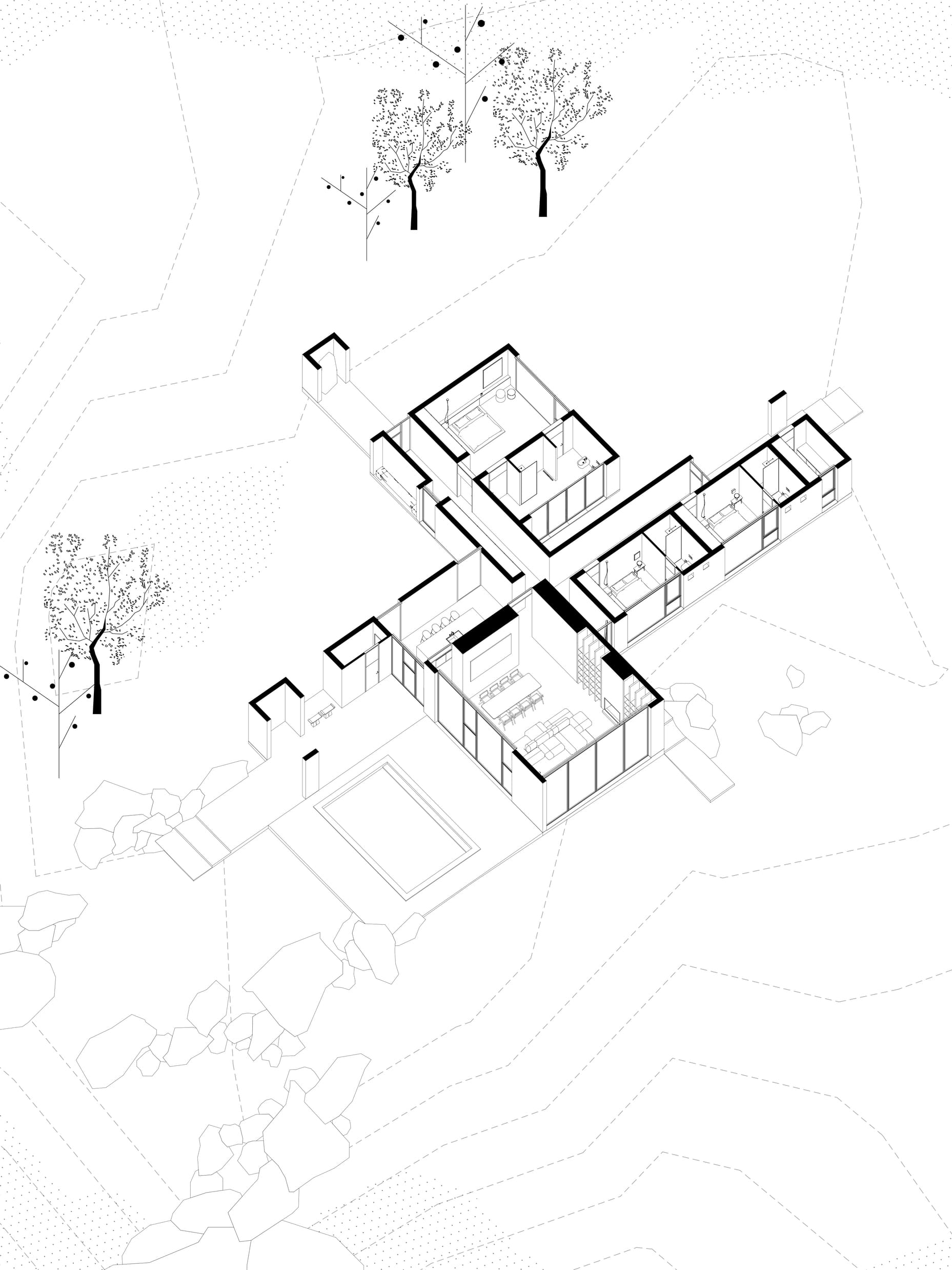 Black and white isometric architectural drawing of a modern single-story house with multiple rectangular rooms, including living and sleeping areas, connected by corridors, surrounded by contour lines representing terrain, scattered trees, and rocks, with a rectangular outdoor area or pool at the lower left.