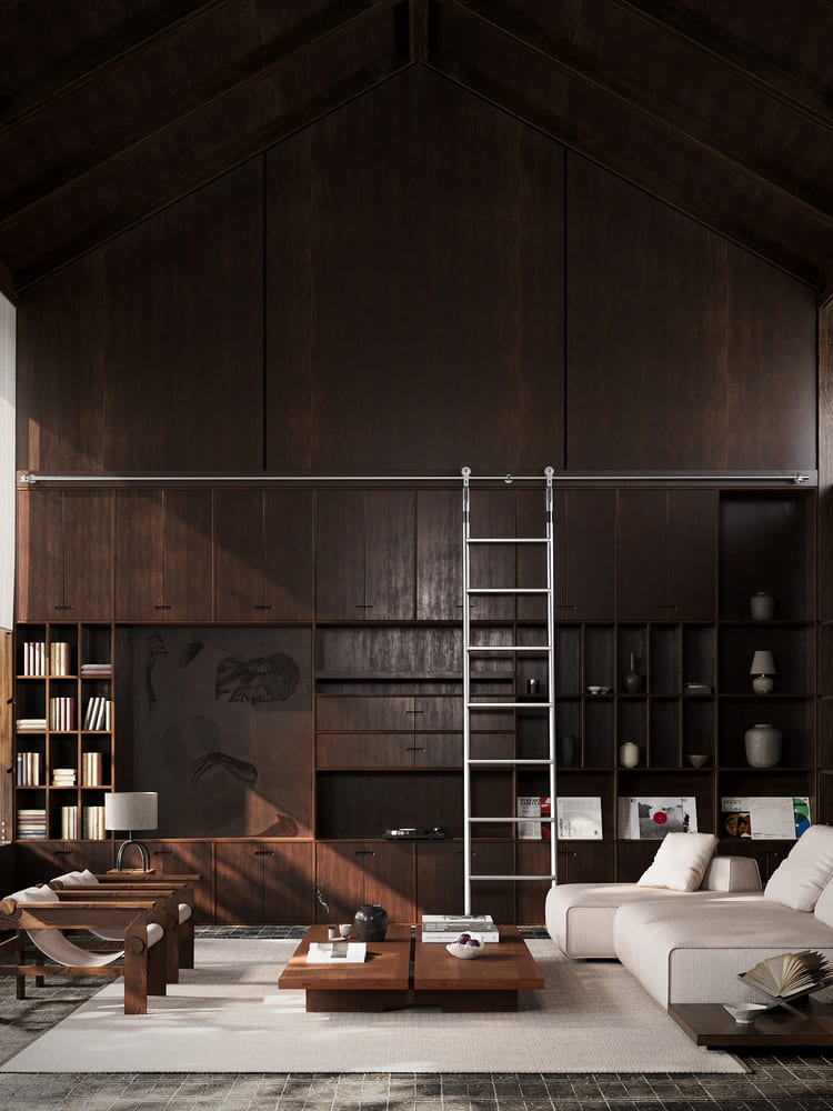 Modern living room with tall dark wood wall cabinets featuring built-in shelving, a sliding ladder, and abstract artwork; white sectional sofa and two wooden lounge chairs face low wooden coffee tables on a light rug.