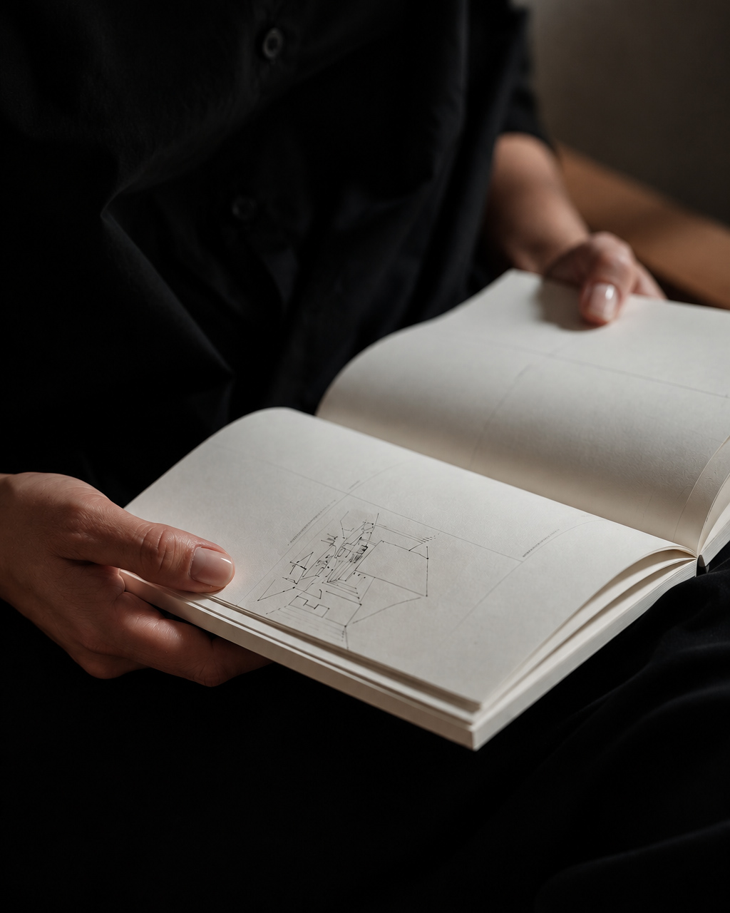 Person wearing black clothes holding an open book with architectural sketches on its pages.