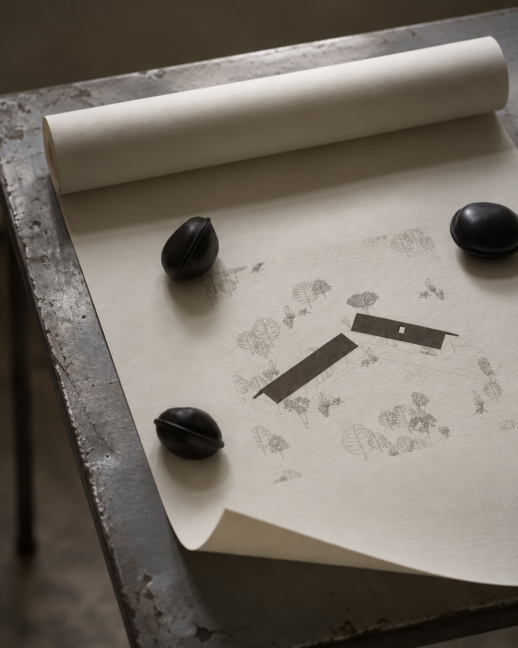 Rolled architectural plan on a metal table showing a site plan with two rectangular buildings, surrounded by trees and vegetation, weighted down by three black spherical objects.