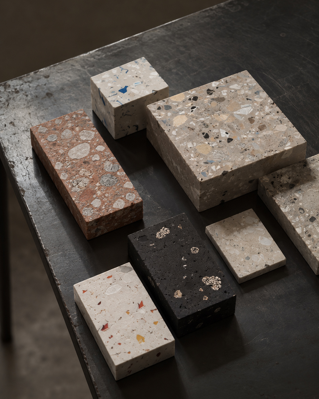 Several rectangular and square terrazzo material samples with various colored chips, including beige, black, and reddish tones, displayed on a dark metal surface.