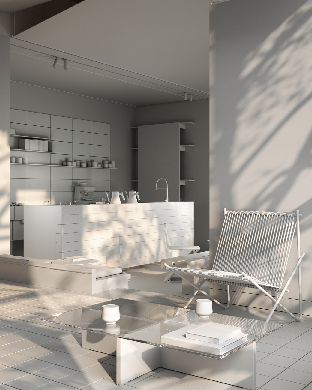 Minimalist modern kitchen and living space with a white island counter featuring kettles and sink, tiled floor, glass coffee table with cups and books, and a slatted chair beside a wall casting shadows.