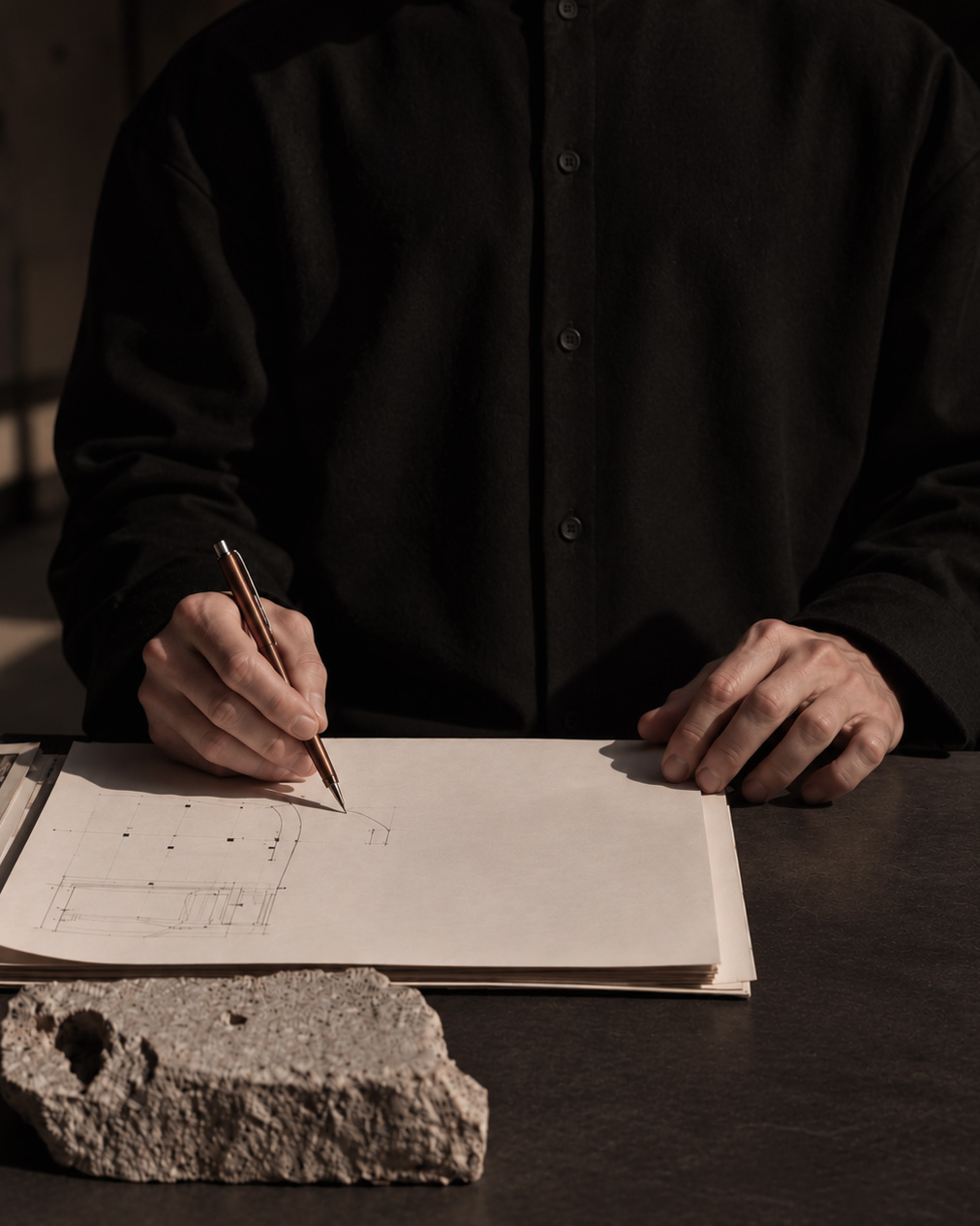 Person wearing a dark buttoned shirt sketching an architectural floor plan on white paper with a pen, with a rough textured stone placed on the table nearby.
