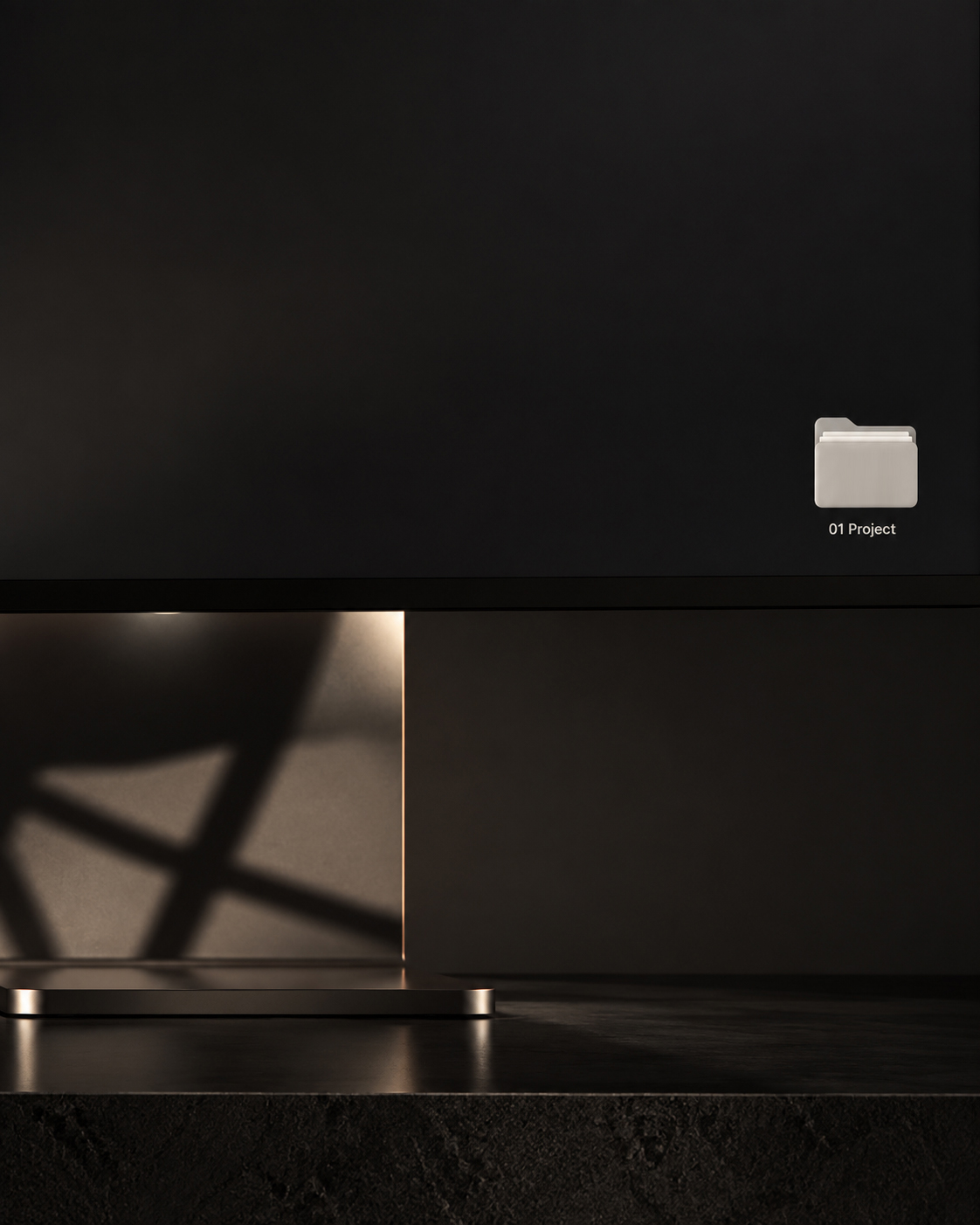 Minimalist dark workspace with a glowing light strip and a single desktop folder labeled '01 Project' in the upper right corner.