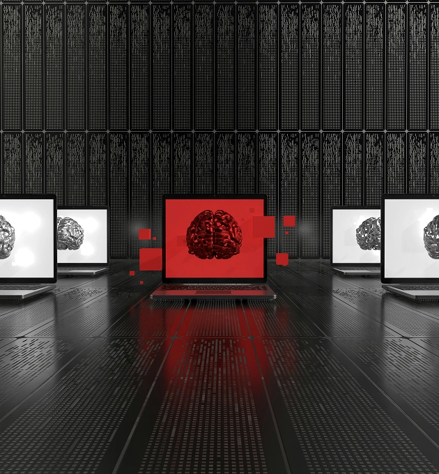 Multiple laptops displaying 3D brains, with one central laptop highlighted in red and digital data backdrop.