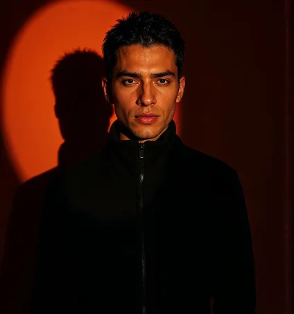 Young man wearing a black zip-up jacket against an orange-red background with his shadow cast behind him.