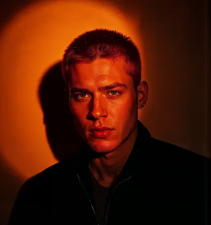 Portrait of a young man with short hair lit by warm orange light casting a shadow behind him.