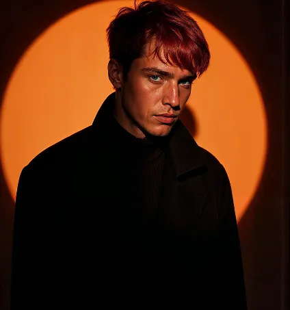 Portrait of a young man with red hair wearing a black coat, lit by an orange circular spotlight.