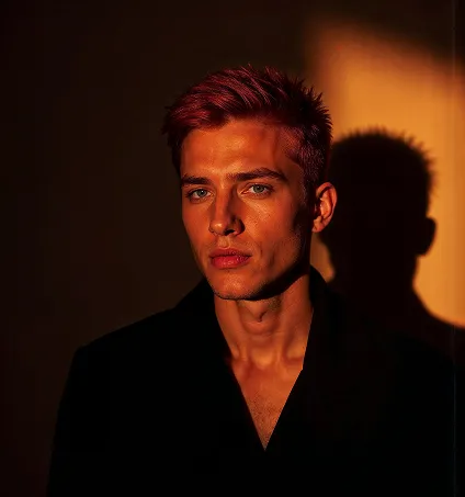 Young man with red hair and blue eyes in a black jacket lit by warm light casting a shadow on the wall.