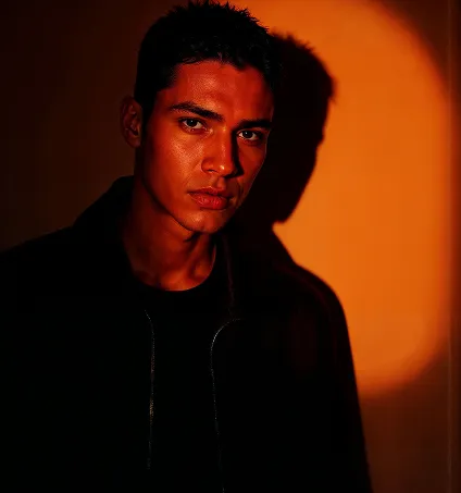 Young man with short dark hair lit by warm orange light casting a shadow on the wall behind him.