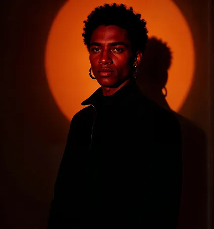 Portrait of a man with curly hair and earrings against an orange circular light background.