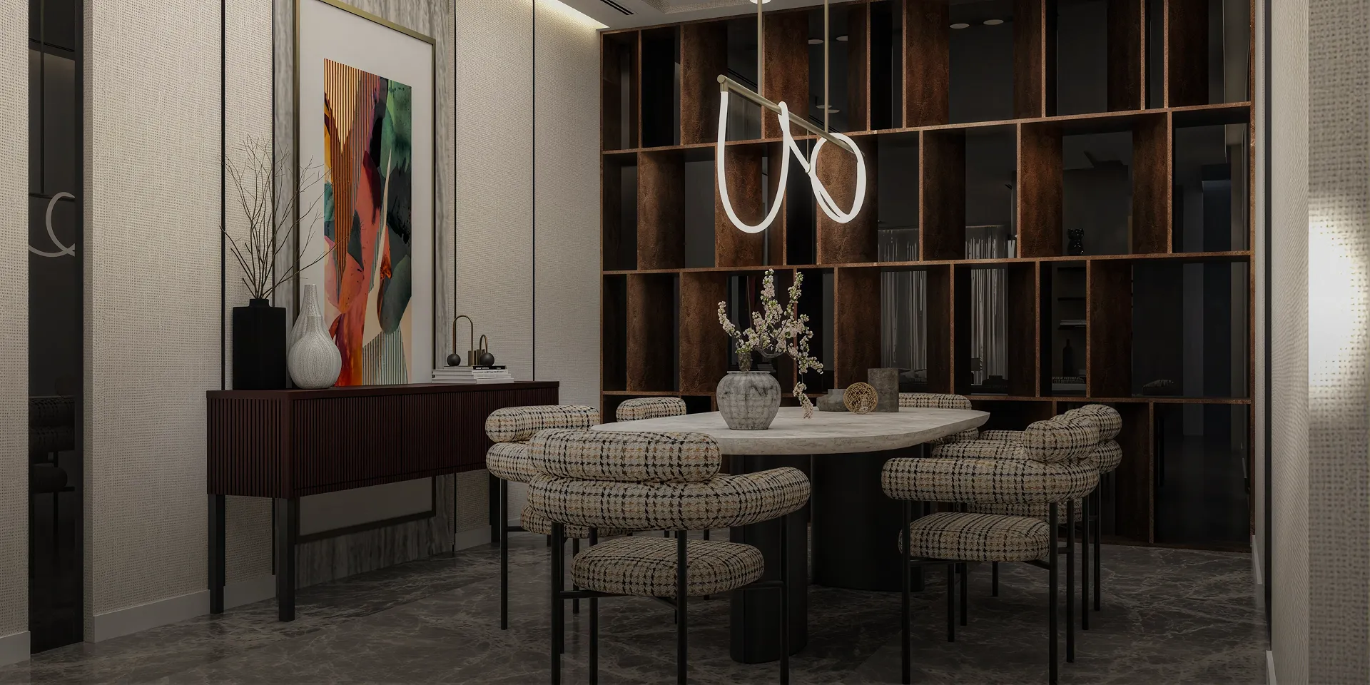 Modern dining room with round table, patterned chairs, decorative vases, and an abstract painting.