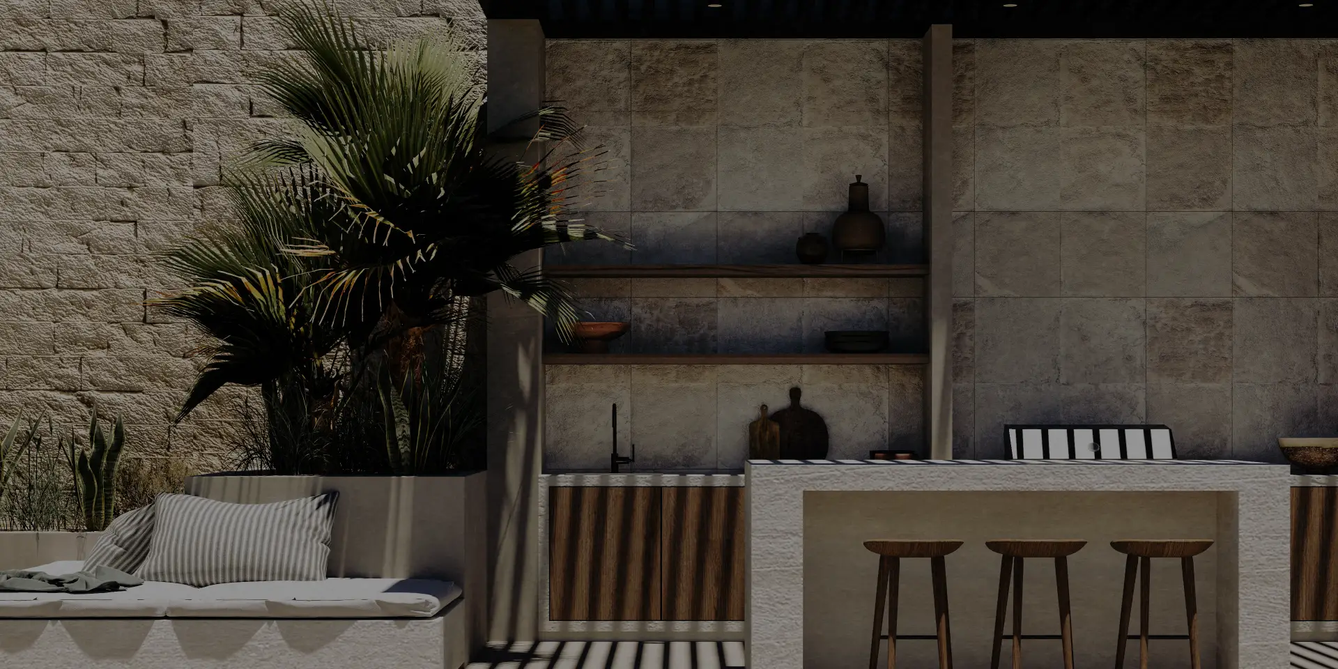 Sunlit indoor garden with large leafy plants, stone walls, wooden beams, and towels on a planter ledge.
