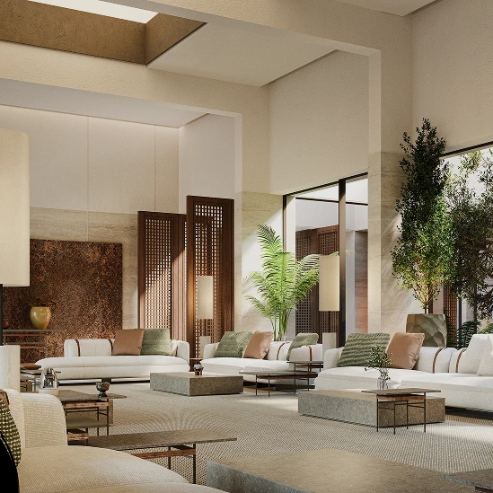 Modern living room with dark sofa, wooden coffee table, large window with sheer curtains, and wall-mounted TV.