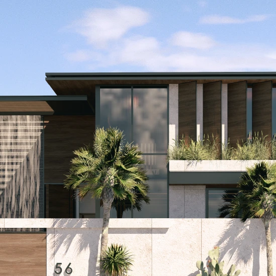 Modern house with illuminated facade, tall palm trees, and large windows at dusk.