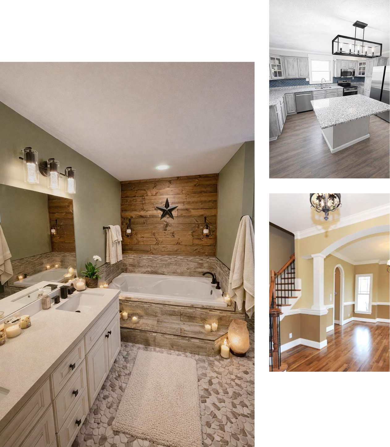 Cozy bathroom with a built-in tub, candles, wood accent wall, and white vanity with a large mirror.