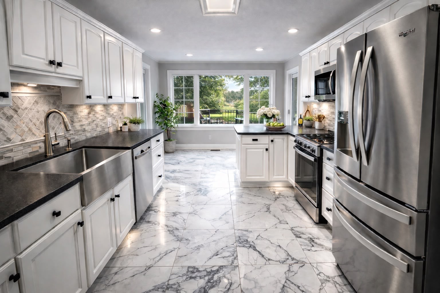 Modern kitchen with white cabinets, marble tile floor, stainless steel fridge, and large window view.