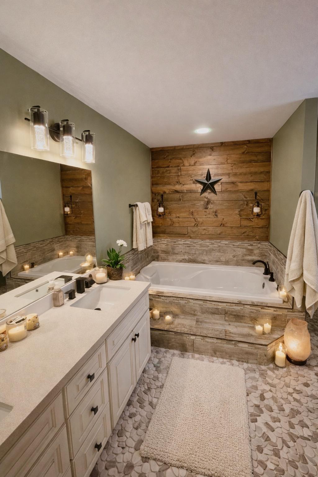 Cozy bathroom with a white tub, stone tile floor, wooden wall, candles, and lit vanity lights.