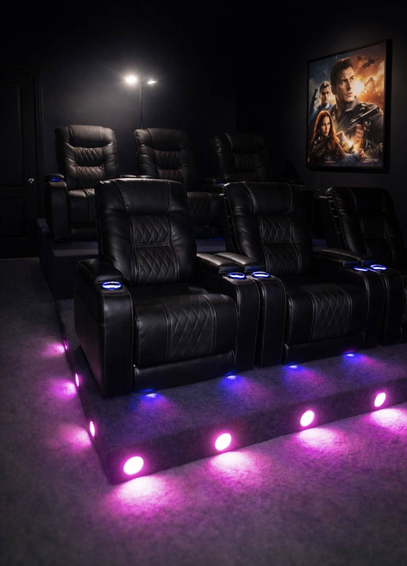 Dark home theater room with two rows of black leather recliners and colorful floor lighting.