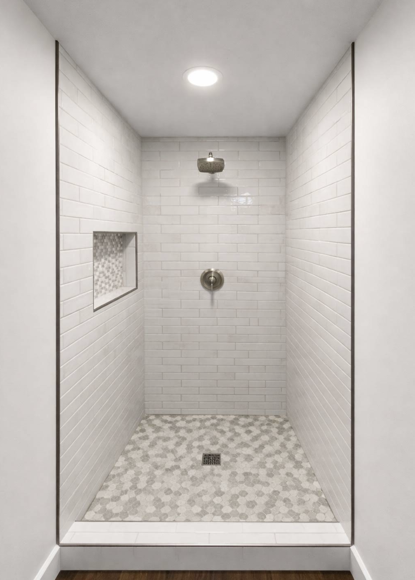 Walk-in shower with white subway tile walls, hexagonal tile floor, and a recessed shower niche.