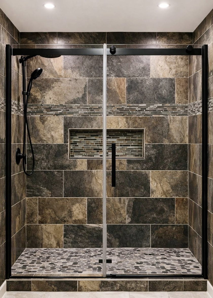 Modern shower with glass sliding doors, dark stone tiles, and black shower fixtures.