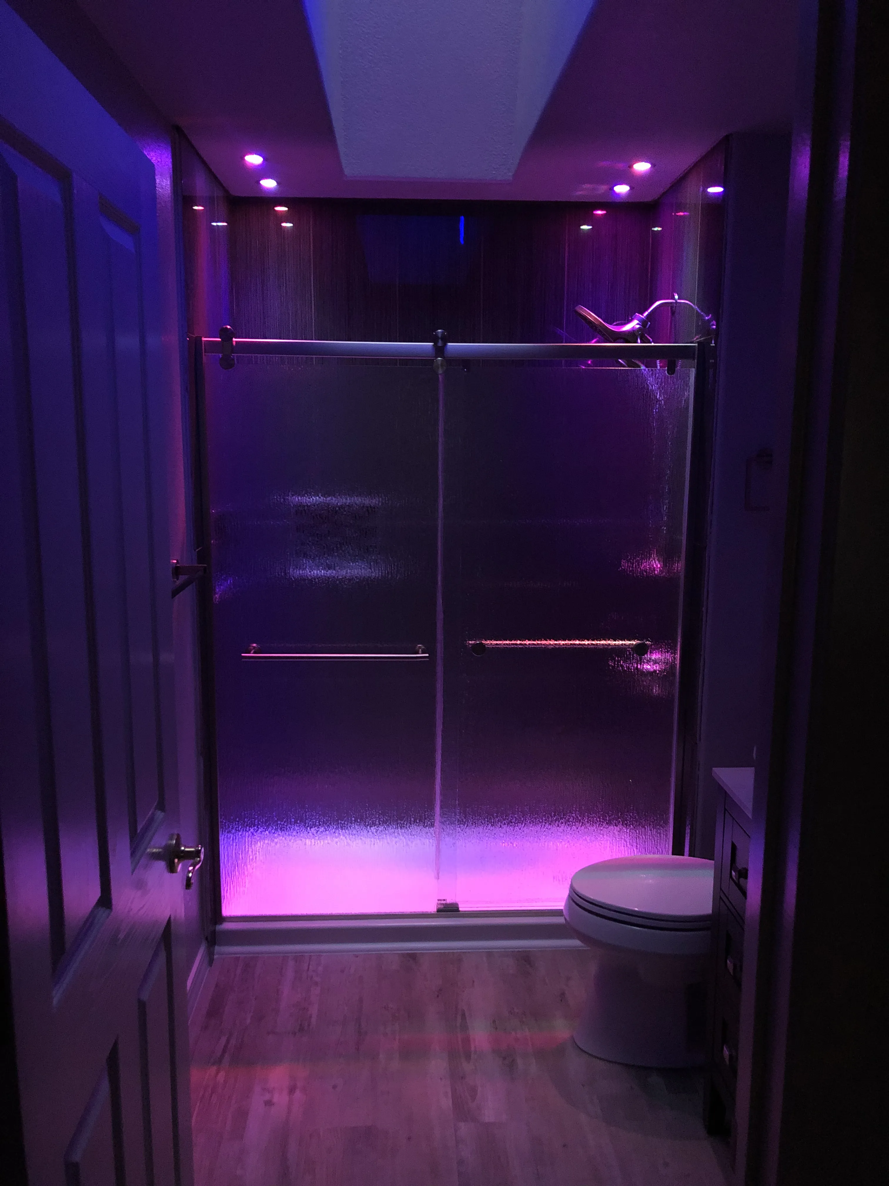 Bathroom with glass shower door illuminated by purple and pink LED lights and a white toilet on wood floor.