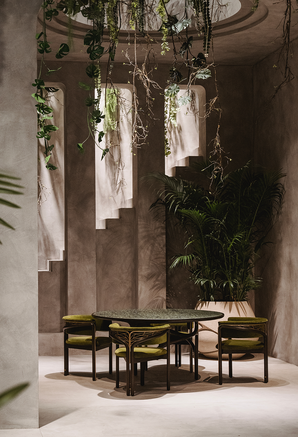 Dining area styled with greenery, Javanese Concrete Jungle project.