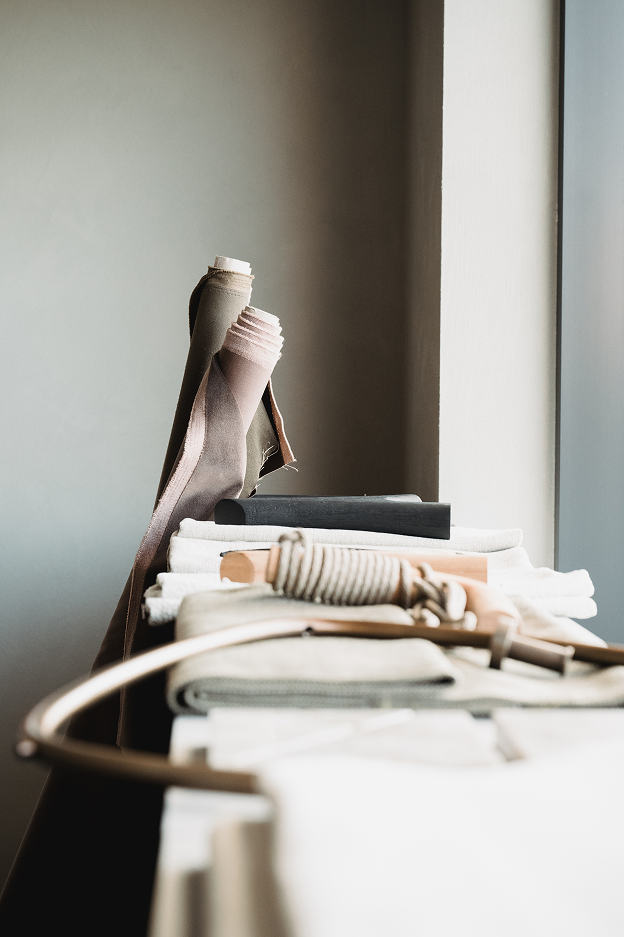 Leather and fabric materials in the workshop.