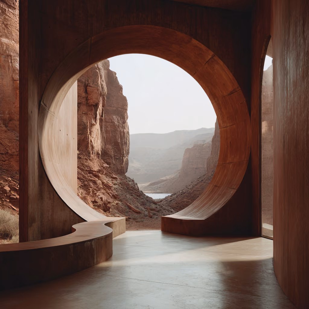 Red Desert pavilion architecture, circular archway with canyon view.