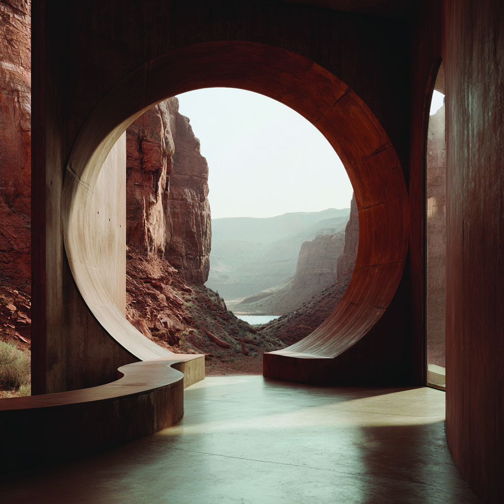 Red Desert pavilion architecture, circular archway with canyon view.