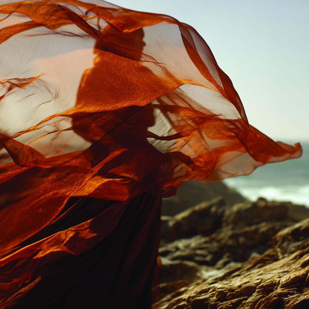 Red Desert campaign editorial photo, fabric in motion by the sea.