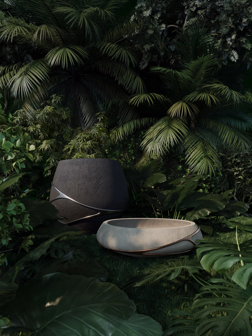 Lutala and Argila planters in a tropical garden.