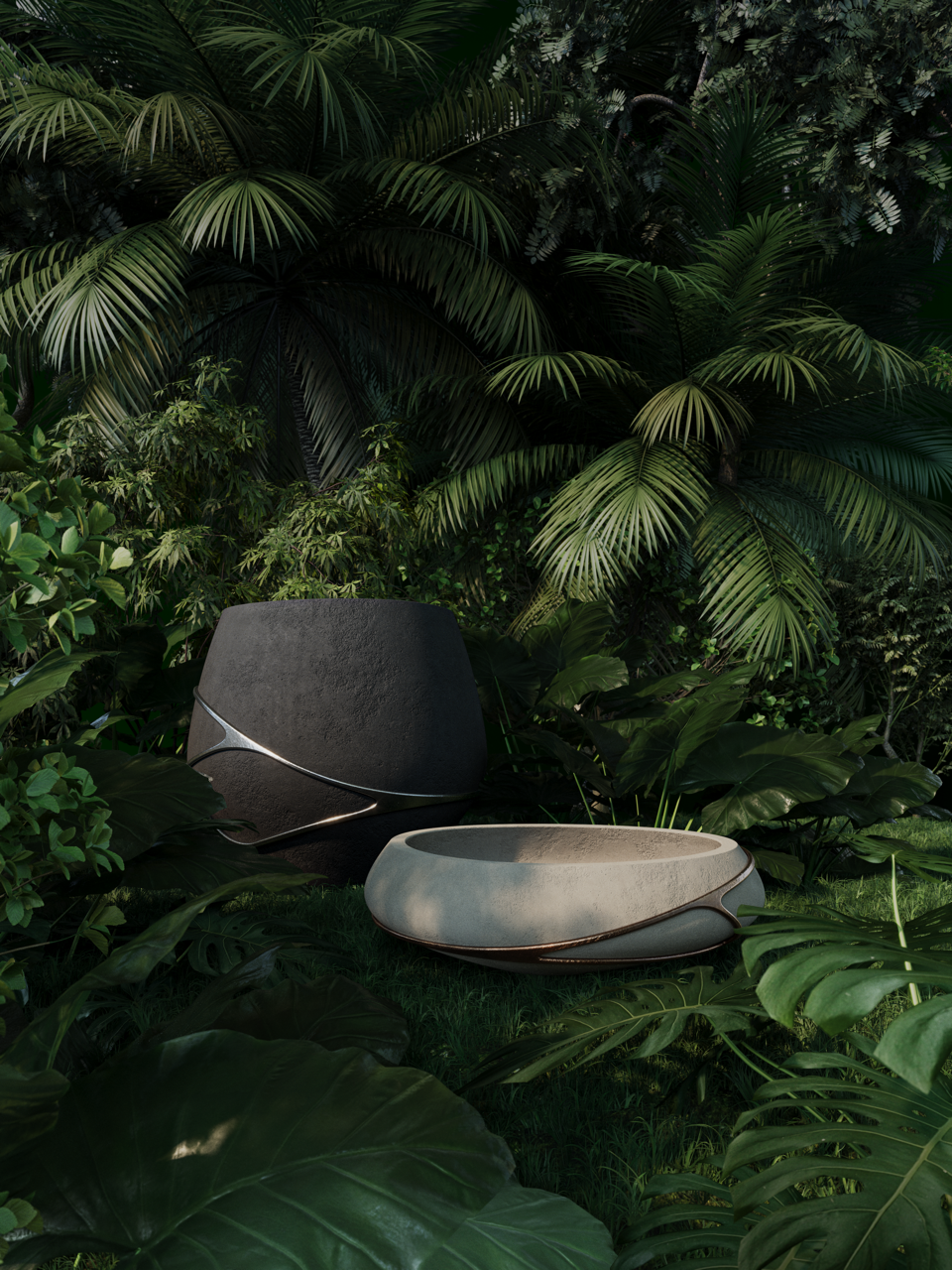 Lutala and Argila planters in a tropical garden.
