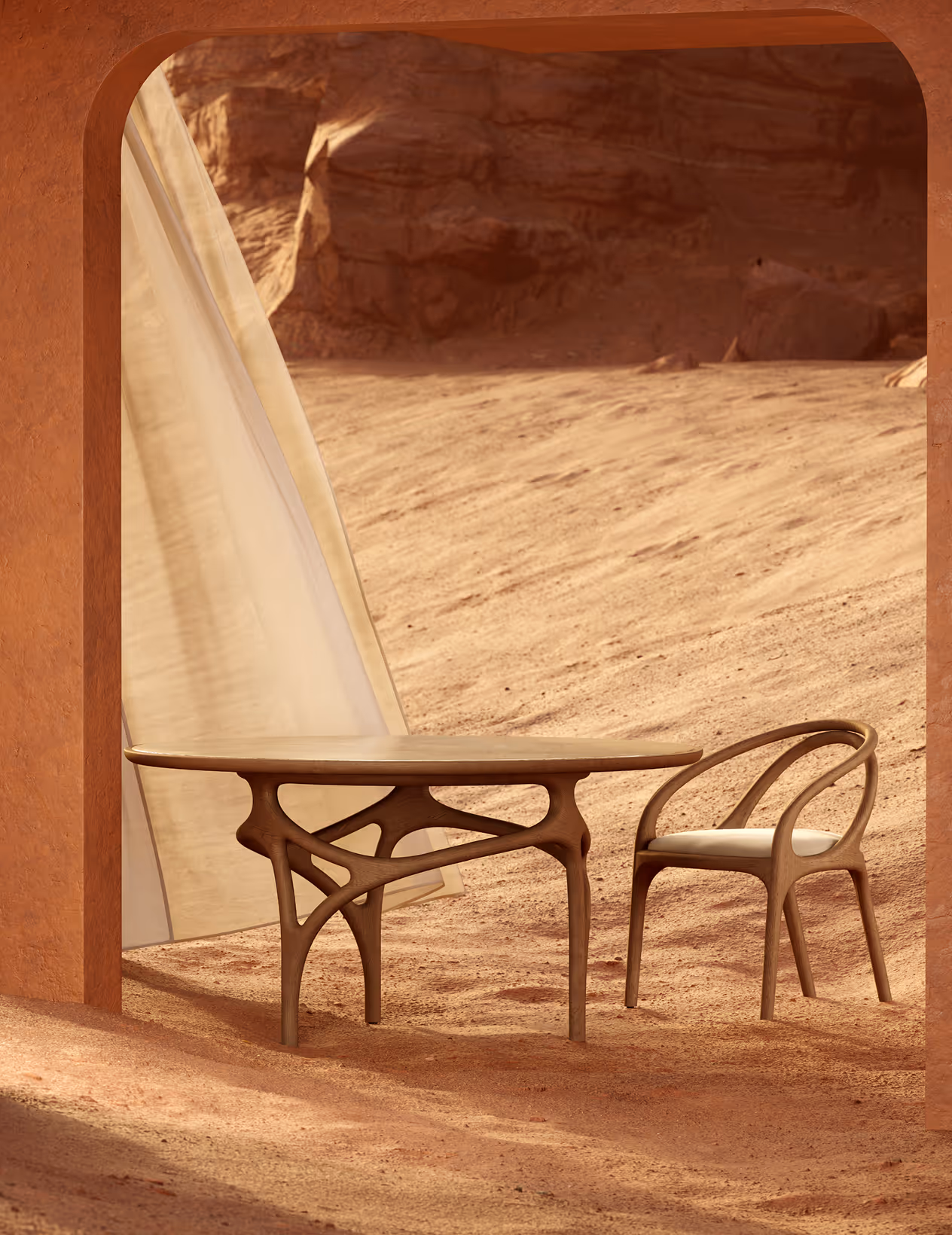 Cena outdoor dining table and Eivissa chair under an archway.