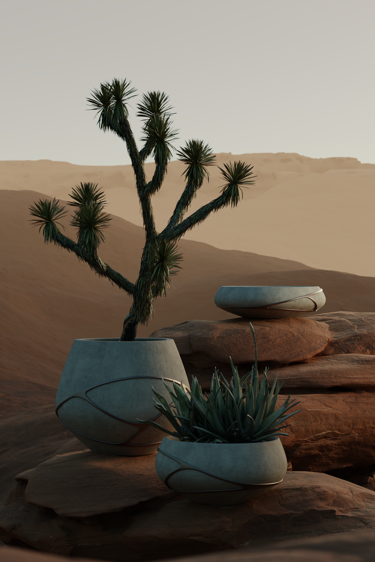 Lutala planters in white and brass, various sizes.