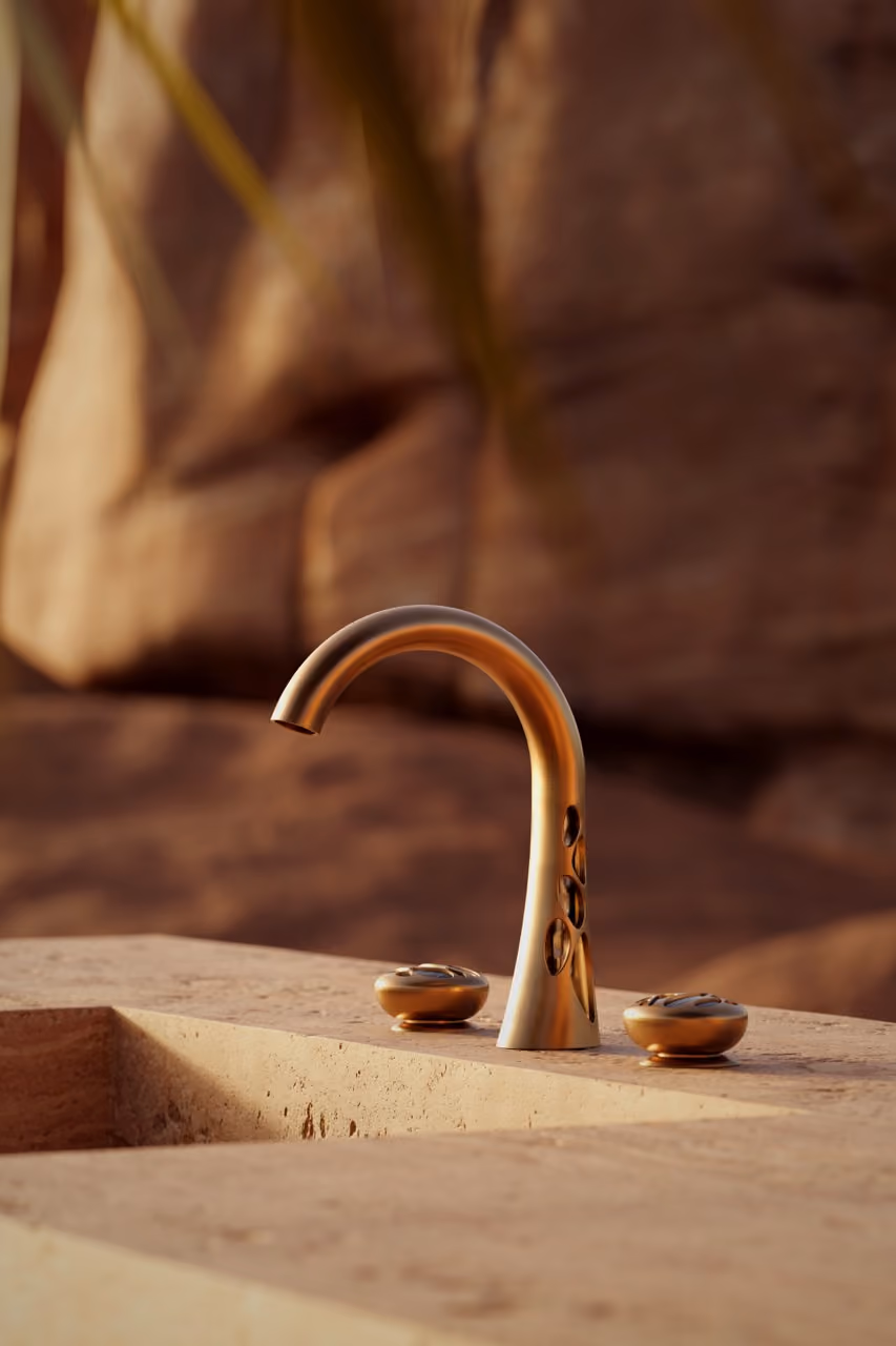 Mirari faucet close-up, desert backdrop.