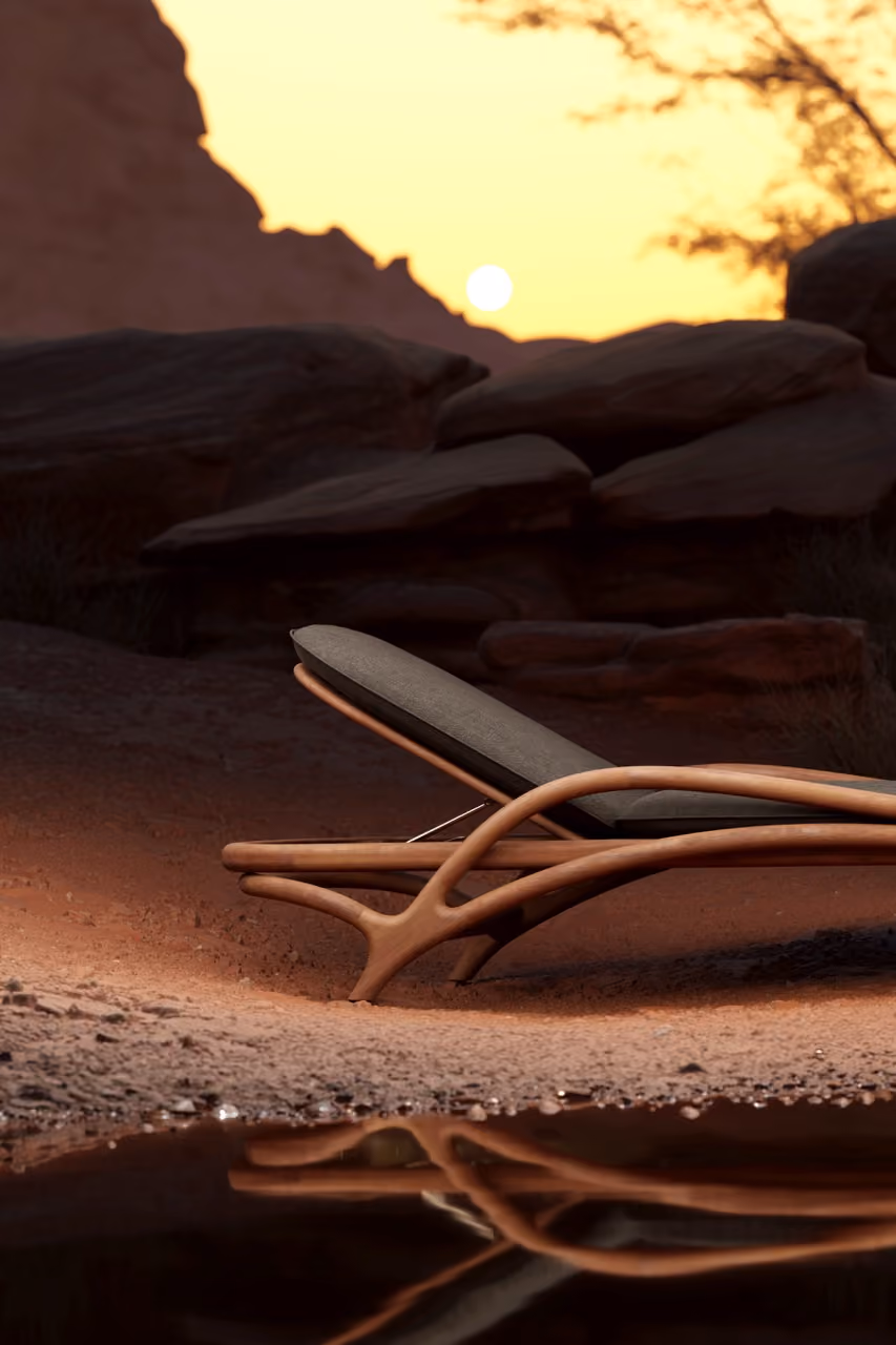 Zen adjustable lounger by a desert pool at dusk.