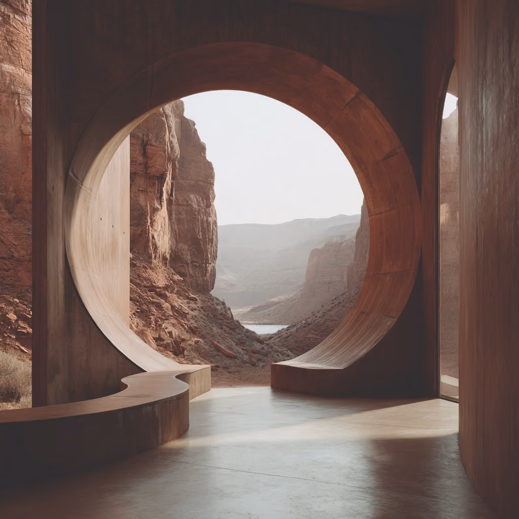 Desert pavilion, circular archway with canyon view.