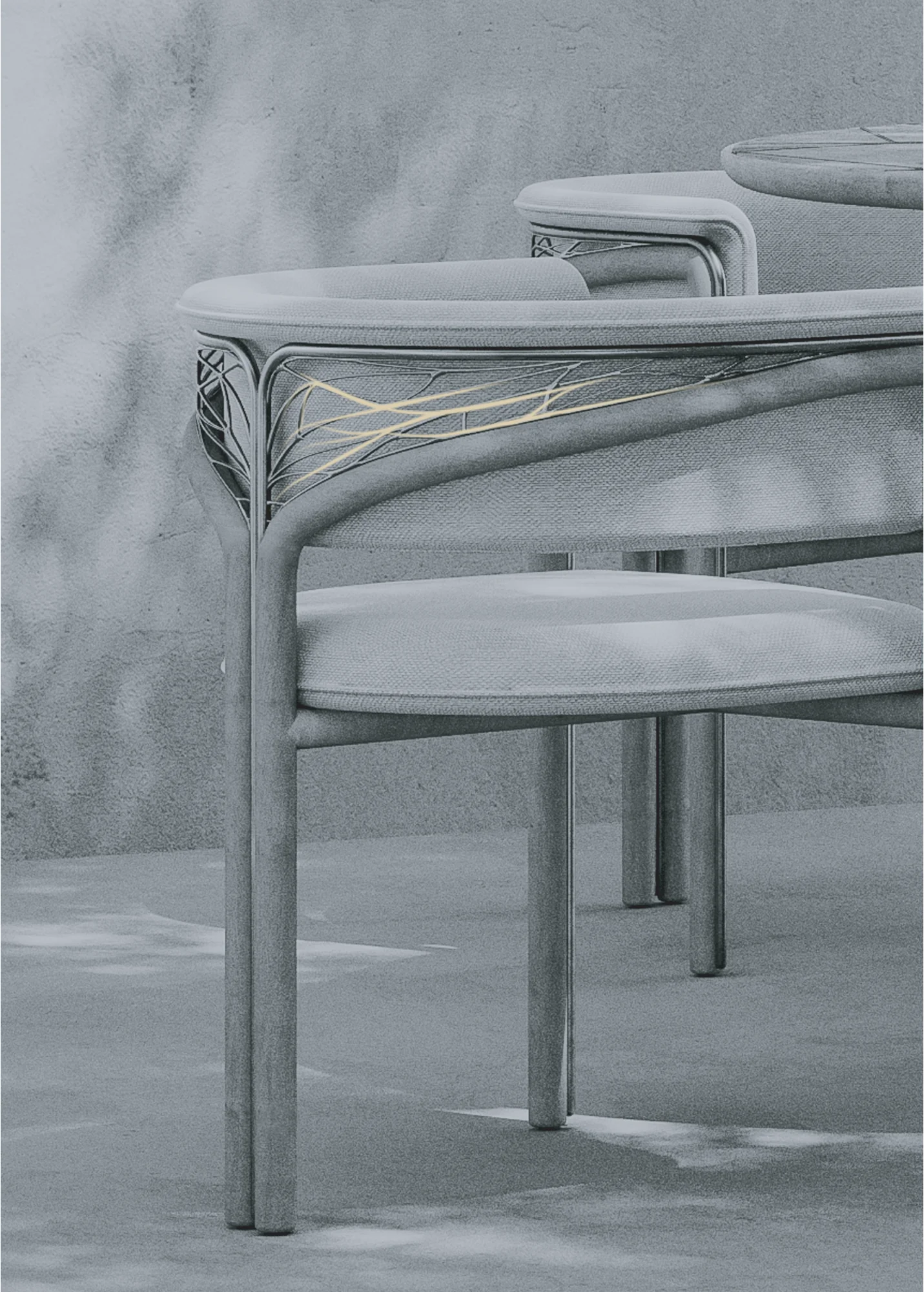 Outdoor dining chair, detail view of frame and seat.