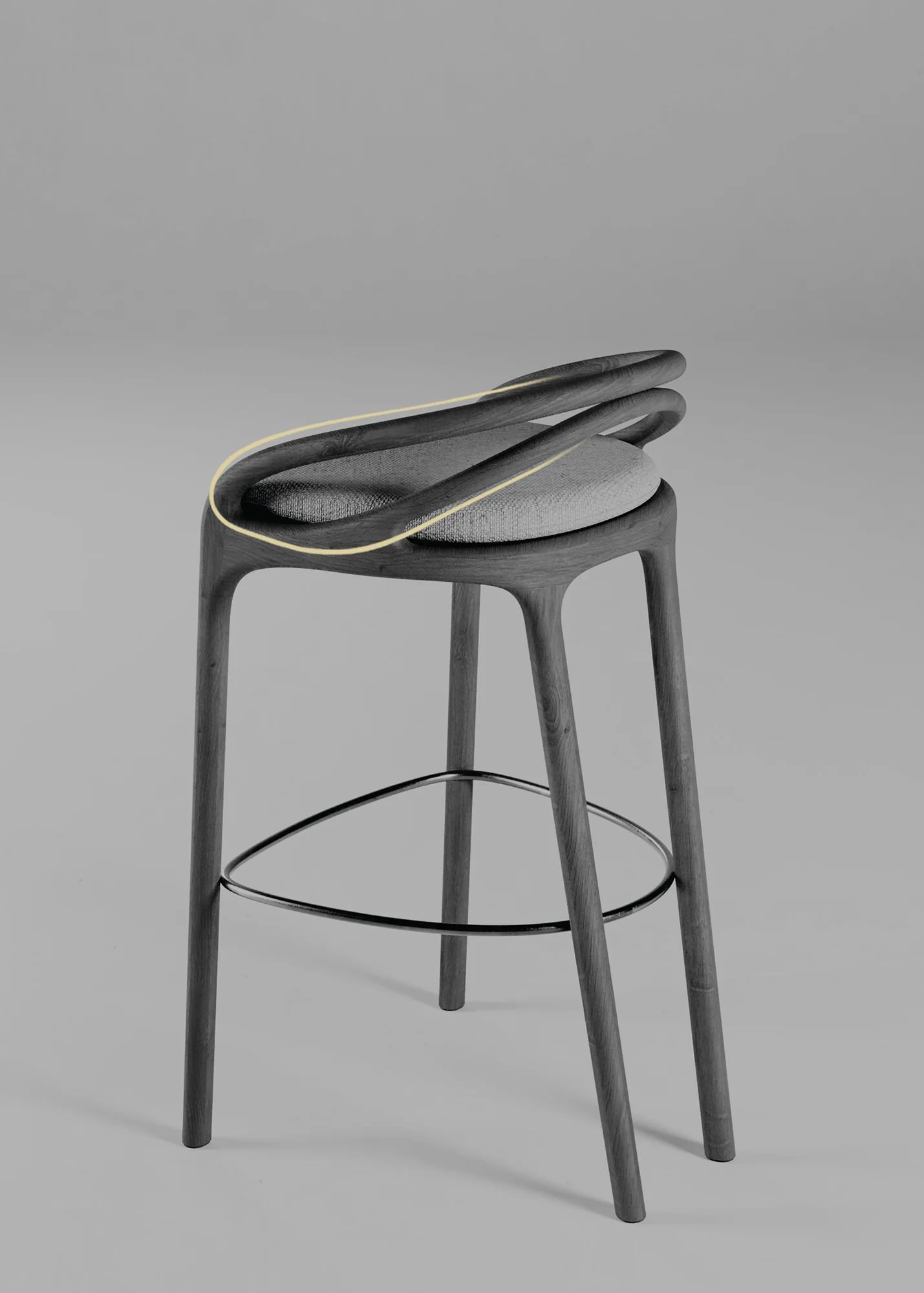 Aleta bar stool, side view, in a dark finish.