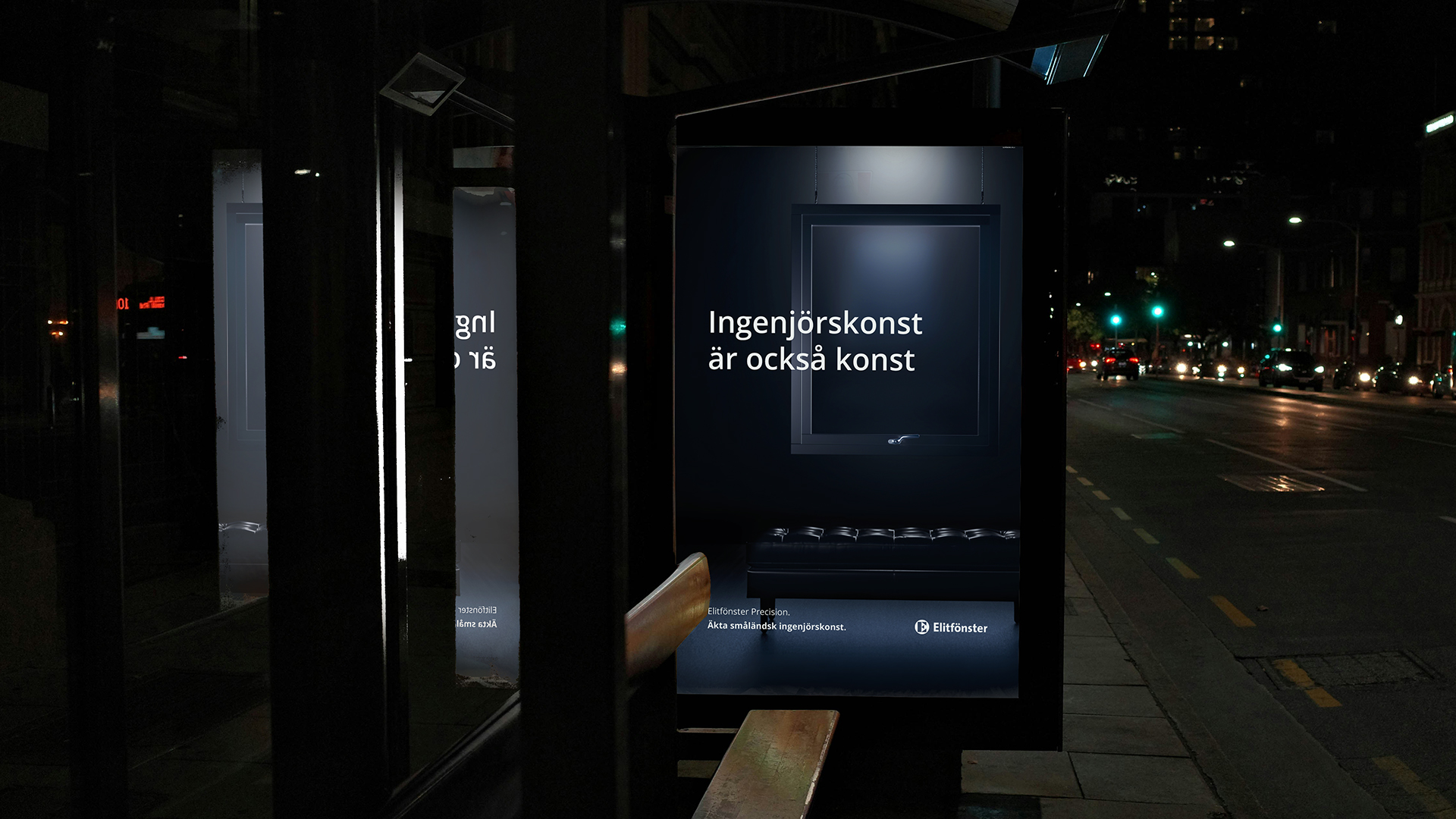 Utomhusreklam för Elitfönster Precision med budskapet Ingenjörskonst är också konst