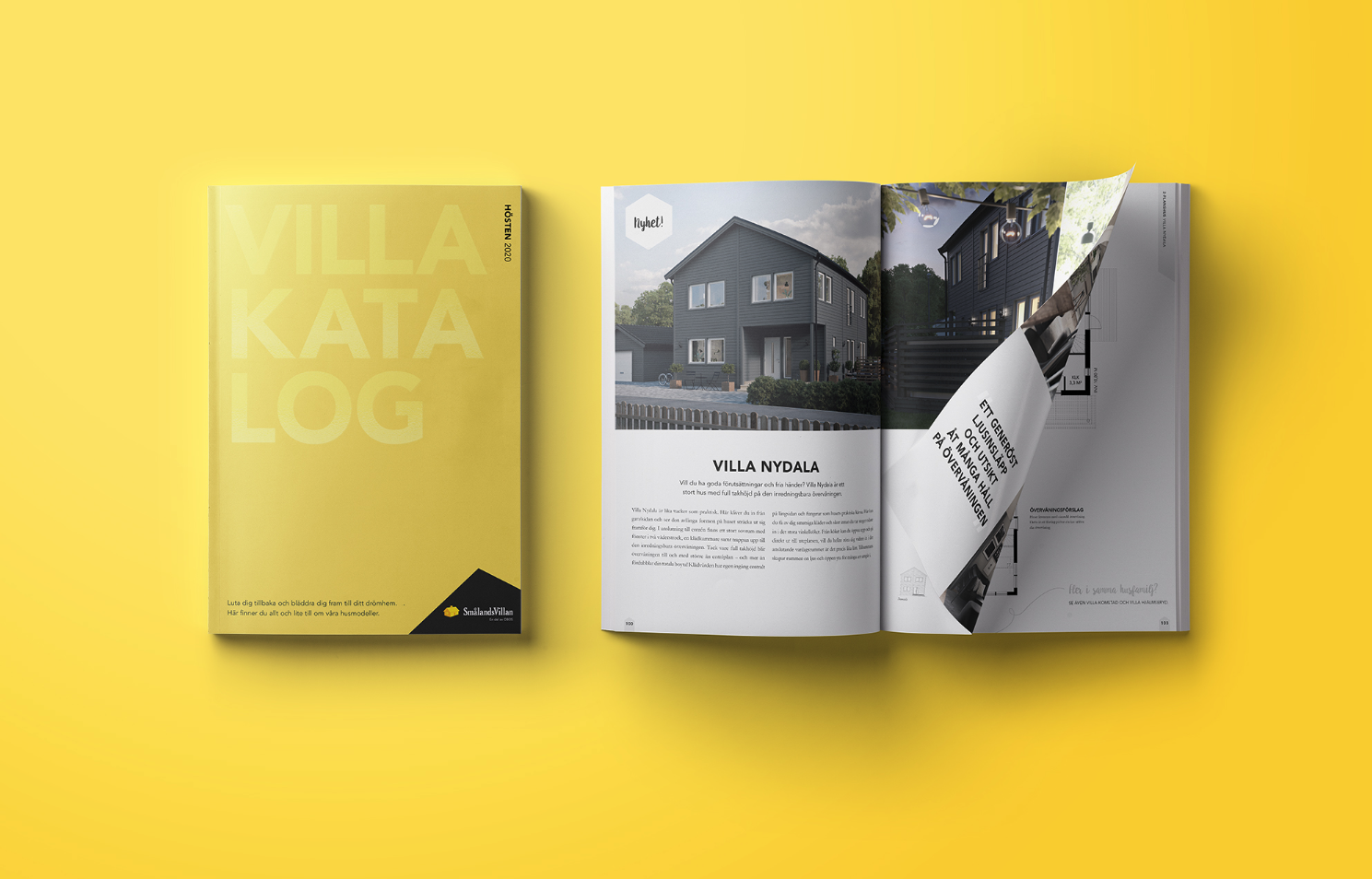 SmålandsVillans gula villakatalog med uppslagen huspresentation