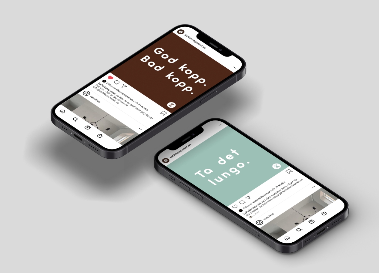 Kaffekompaniets inlägg i sociala medier på två mobiler.