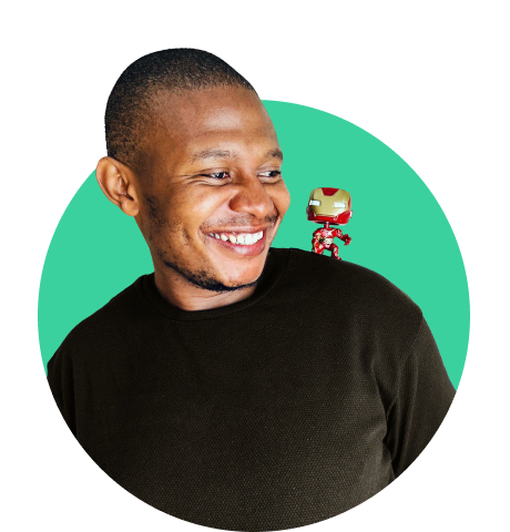 Thabang Zwane creative picture with a mini robot on his shoulder