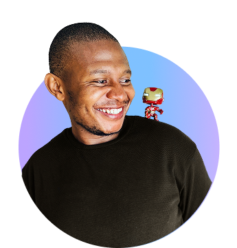 Thabang Zwane creative picture with a mini robot on his shoulder