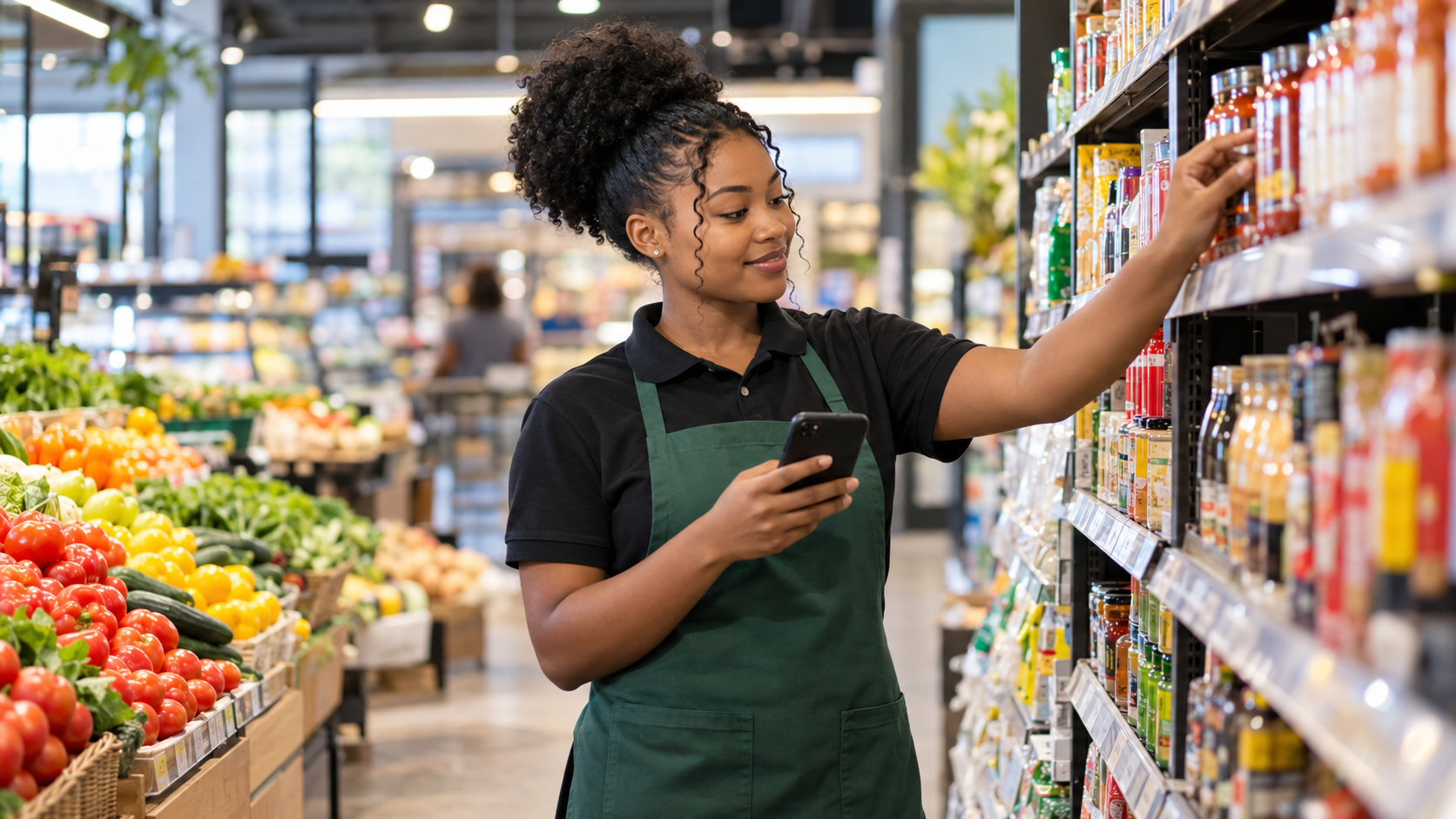 Retail team member in a green apron checking a supermarket shelf while using a mobile microlearning app