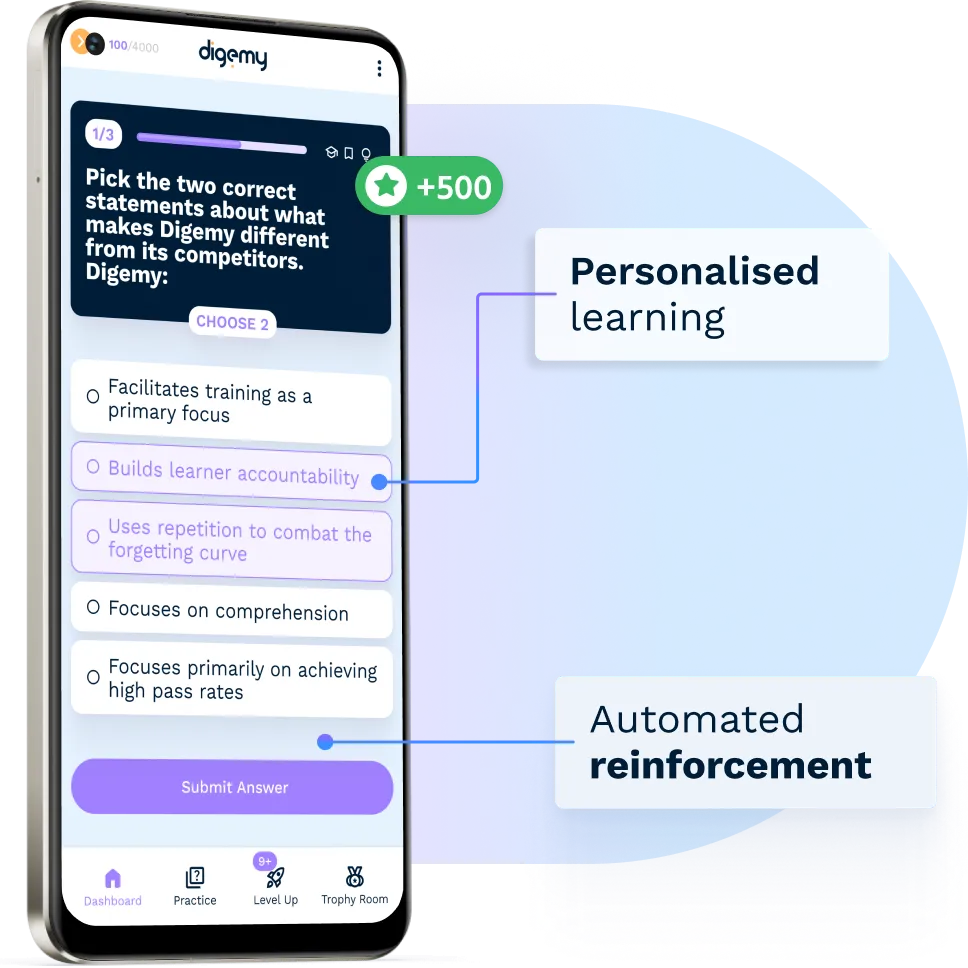 Mobile screen showing a quiz question about what makes Digemy different with options, highlighting personalised learning and automated reinforcement as key features.